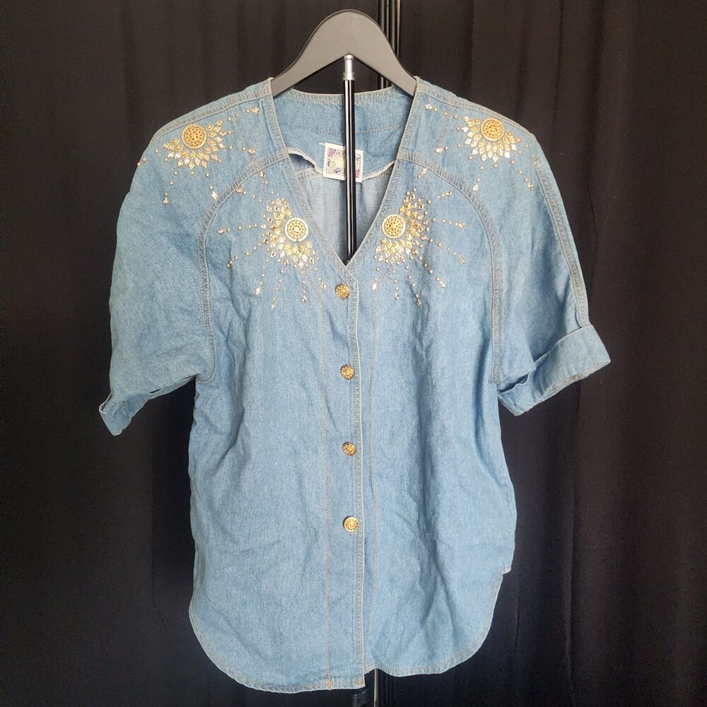 Vintage Monique Fashions Denim Shirt Short Sleeve Studded Sunburst Celestial